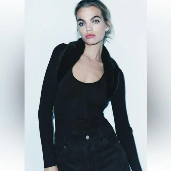 ZARA KNIT ARM WARMERS WITH FAUX FUR COLLAR - Picture 5 of 5